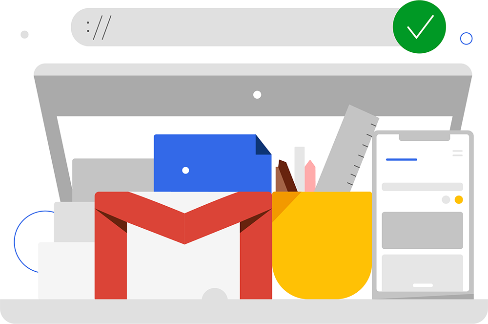 Conjunto de formas abstratas que remetem a materiais de papelaria para mesa, laptop, dispositivo móvel e ao ícone do Gmail.